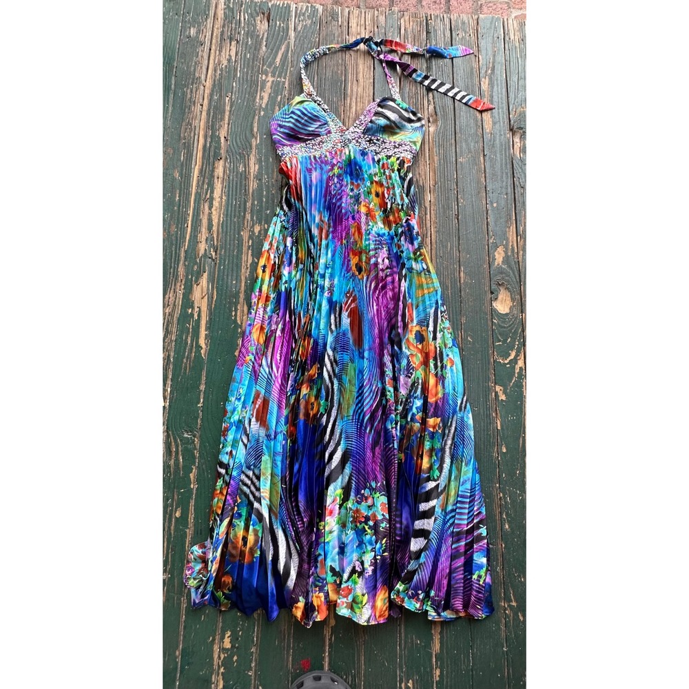 Nightway Halter Maxi Dress Pleated Sequin Floral Animal Print Multi-Color Gown